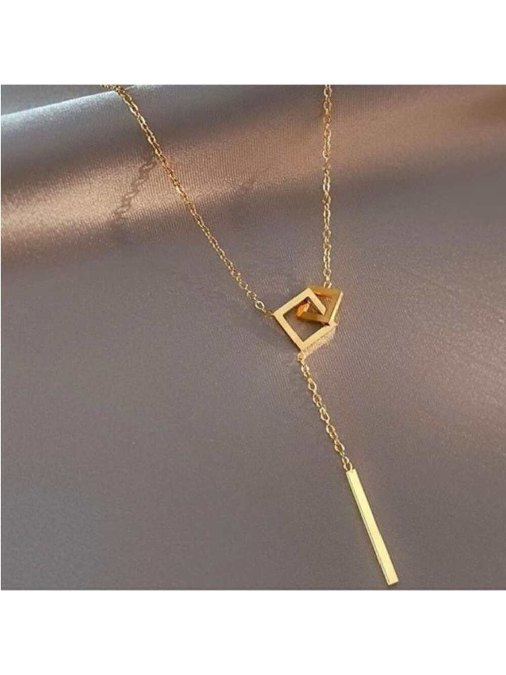 Gold Plated Stainless Steel Geometric Square Bar Lariat Necklace
